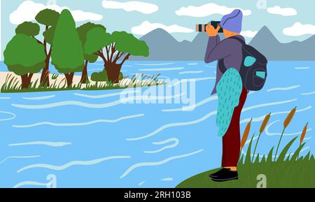 Fotograf in der Natur. Ein Zeichentrickspieler, der mit der Kamera fotografiert. Malerische Flusslandschaft. Ein Typ, der Fotos macht. Tourist fotografiert Seewasser und Vorder Stock Vektor
