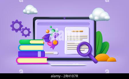 3D Bildung. Schulwebkurs. Internet-Kurs. Digitale Tablet-Symbole. E-Learning-Kurse für Schüler zu Hause. Stift und Lupe. Lehrbücher stapeln sich. Online-Studium Stock Vektor