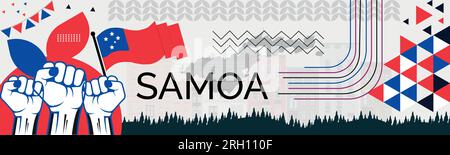 SAMOA Karte und erhobene Fäuste. Design für Nationalfeiertag oder Unabhängigkeitstag für SAMOA-Feier. Modernes Retro-Design mit abstrakten Ikonen. Vektor-Illustration Stock Vektor