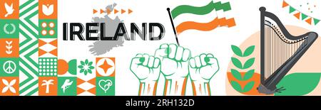 Irisches Bannerdesign für den Nationaltag. Irische Flagge und Kartenthema mit Hintergrund. Vorlage Vector Ireland Flaggen modernes Design. Abstrakte geometrische Elemente Stock Vektor