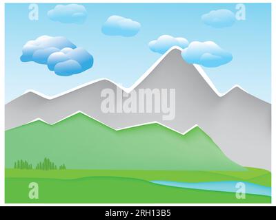 Sommerliche Berglandschaft im Stil der Papieranwendung. Vektordarstellung Stock Vektor