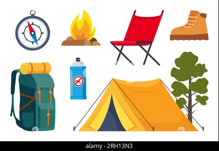 Camping- und Wanderausrüstung. Große Sammlung von Elementen oder Ikonen für Sport, Abenteuer in der Natur, Erholung und Tourismuskonzepte. Vektor Stock Vektor