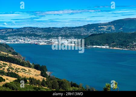 Blick auf den Hafen von Otago von Highcliff Road Overlook, Otago Peninsula, Dunedin, South Island, Neuseeland Stockfoto