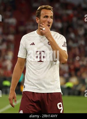 München, Deutschland. 12. Aug. 2023. Harry Kane von Bayern München reagiert auf das deutsche Supercup-Fußballspiel 2023 zwischen Bayern München und RB Leipzig in München, 12. August 2023. Kredit: Philippe Ruiz/Xinhua/Alamy Live News Stockfoto