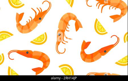 Garnelen und Zitronenscheiben, Muster aus Meeresfrüchten Stock Vektor