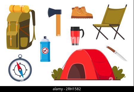 Camping- und Wanderausrüstung. Große Sammlung von Elementen oder Ikonen für Sport, Abenteuer in der Natur, Erholung und Tourismuskonzepte. Vektor Stock Vektor