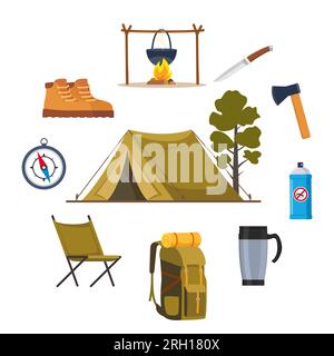 Camping- und Wanderausrüstung. Große Sammlung von Elementen oder Ikonen für Sport, Abenteuer in der Natur, Erholung und Tourismuskonzepte. Vektor Stock Vektor