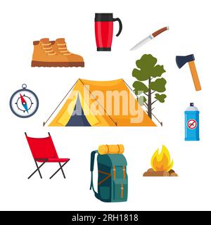 Camping- und Wanderausrüstung. Große Sammlung von Elementen oder Ikonen für Sport, Abenteuer in der Natur, Erholung und Tourismuskonzepte. Vektor Stock Vektor