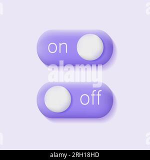 3D ein- und Ausschalttaste. Lilafarbenes Schiebereglersymbol. Entriegeln und verriegeln. Software-Benutzeroberfläche. Moderne Vektordarstellung Stock Vektor