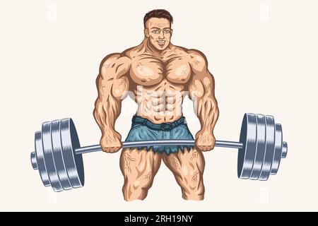 Vektordarstellung eines Aufbauherstellers mit Windglocke. Klassischer Cartoon eines Aufbauherstellers oder Powerlifters. Starker Mann. Fitness und Bodybuilding. Stock Vektor