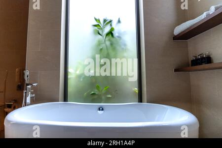 Schöne weiße Luxus-Badewanne im Badezimmer Stockfoto