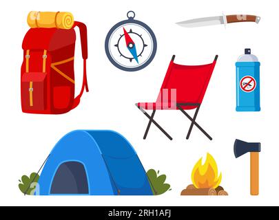 Camping- und Wanderausrüstung. Große Sammlung von Elementen oder Ikonen für Sport, Abenteuer in der Natur, Erholung und Tourismuskonzepte. Vektor Stock Vektor