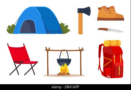 Camping- und Wanderausrüstung. Große Sammlung von Elementen oder Ikonen für Sport, Abenteuer in der Natur, Erholung und Tourismuskonzepte. Vektor Stock Vektor