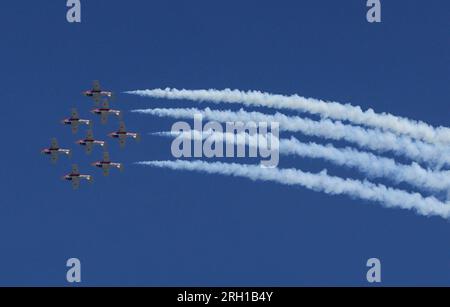 Abbotsford, Kanada. 12. Aug. 2023. Die kanadische Luftwaffe Snowbirds tritt am 12. August 2023 auf der Abbotsford International Airshow 2023 in Abbotsford, British Columbia, Kanada, am Himmel auf. Die 2023 Abbotsford International Airshow ist eine der größten Flugshows Kanadas und findet vom 11. August bis 13. August hier statt. Kredit: Liang Sen/Xinhua/Alamy Live News Stockfoto