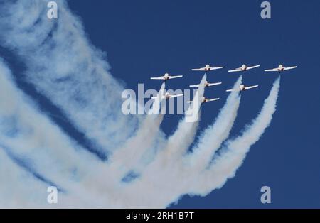 Abbotsford, Kanada. 12. Aug. 2023. Die kanadische Luftwaffe Snowbirds tritt am 12. August 2023 auf der Abbotsford International Airshow 2023 in Abbotsford, British Columbia, Kanada, am Himmel auf. Die 2023 Abbotsford International Airshow ist eine der größten Flugshows Kanadas und findet vom 11. August bis 13. August hier statt. Kredit: Liang Sen/Xinhua/Alamy Live News Stockfoto