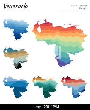 Set von Vektorkarten von Venezuela. Lebendiges Wellendesign. Helle Landkarte im geometrischen, glatten Kurvenstil. Stock Vektor