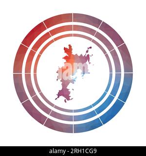 Komodo-Abzeichen. Helles, verlaufendes Logo der Insel in niedriger Poly-Form. Mehrfarbiges abgerundetes Komodo-Schild mit Karte im geometrischen Stil für Ihre Infografiken. Stock Vektor