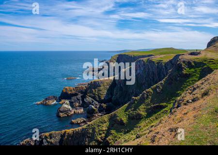 St. Abbs Head Küstenklippen Luftaufnahme im Sommer in der Nähe des Dorfes St. Abbs, Berwickshire, Schottland, Großbritannien. Stockfoto