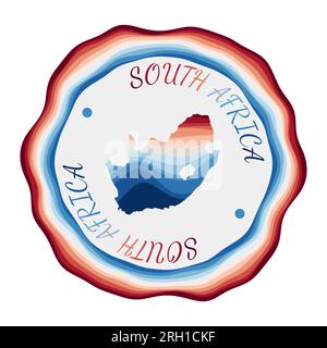 Südafrikanisches Abzeichen. Landkarte mit wunderschönen geometrischen Wellen und leuchtend rotem blauem Rahmen. Leuchtendes, rundes südafrikanisches Logo. Vektordarstellung. Stock Vektor