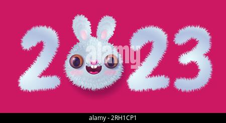 Vektorlogo für Neujahr 2023 mit dem Kopf eines niedlichen Kaninchens in realistischem Stil. Vektoriensymbole des Kawaii-Kaninchens seit 2023 Jahren. Bunny Emoji für Chinesisch Stock Vektor