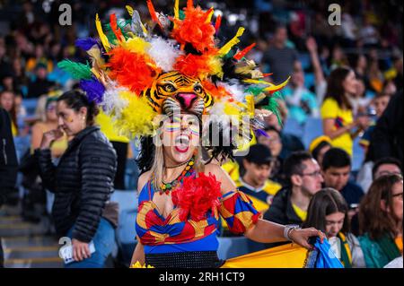 Melbourne, Australien. 13. Aug. 2023. Fußballfans, die am 12. August 2023 das FIFA Women's World Cup 2023 zwischen England Women und Colombia Women im Melbourne Rectangular Stadium, Melbourne, Australien, absolvieren. Foto von Richard Nicholson. Nur redaktionelle Verwendung, Lizenz für kommerzielle Verwendung erforderlich. Keine Verwendung bei Wetten, Spielen oder Veröffentlichungen von Clubs/Ligen/Spielern. Kredit: UK Sports Pics Ltd/Alamy Live News Stockfoto