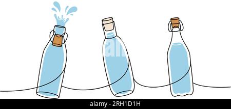 Set aus Glasflaschen, einzeilige farbige, durchgehende Zeichnung. Weinglasflaschen durchgehende einzeilige Abbildung. Vektor-lineare Illustration. Stock Vektor