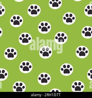 Nahtloses Pfotenmuster. Katzen- oder Hunde-Fußabdruck auf grünem Hintergrund. Vektordarstellung. Stock Vektor