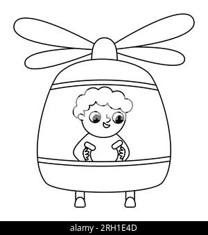 Vector schwarz-weißer Hubschrauber mit Pilotensymbol. Lufttransport Vorderansicht für Kinder. Lustige Clip-Art für Kinder. Süße Helikopter Stock Vektor