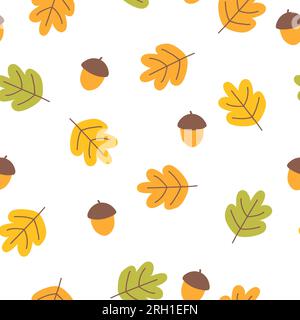 Nahtloses Herbstmuster. Farbenfroher Hintergrund mit Herbstblättern und Eicheln. Vektordarstellung. Stock Vektor