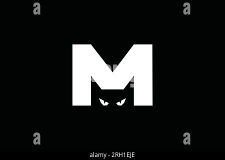 Schwarzes Cat-Logo mit M-Buchstaben. Kreatives Cat-Logo im Negativfeld von Buchstabe M. Saubere und moderne Ausführung Stock Vektor