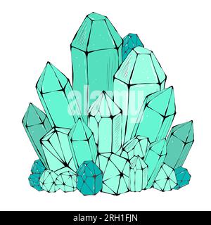 Magische Kristalle sind grün, isoliert auf weißem Hintergrund. Handgezeichnete Illustration. Stockfoto