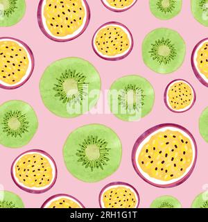 Nahtloses tropisches Obstmuster mit Kiwi- und Passionsfruchtscheiben. Stock Vektor