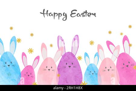 Bunte Osterkarte mit niedlichen Häschen in Aquarellfarben. Stock Vektor