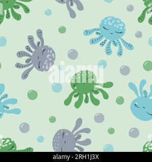 Nahtloses Vektormuster mit niedlichem Kraken und Blasen, blau, grün. Textil, Sammelalbum, Stoff. Vektordarstellung Stock Vektor