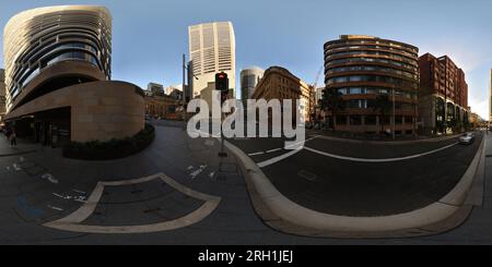 360 Grad Panorama Ansicht von Gebäude des Bildungsministeriums außerhalb des Quay Quarter Tower mit MOS, Governor Phillip Tower und Macquarie Tower, Bürokomplex, Sydney's CBD