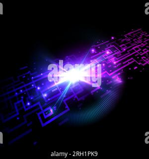Abstrakte Futuristische Leiterplatte. Das Zusammenspiel von Netzwerklinien, Lichtern und Symbolen vor einem dunklen Hintergrund zum Thema Netzwerk oder Scie Stock Vektor