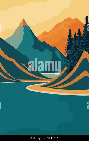 Abstrakte, farbenfrohe, minimalistische Landschaft mit Flüssen und Bergen. Stock Vektor