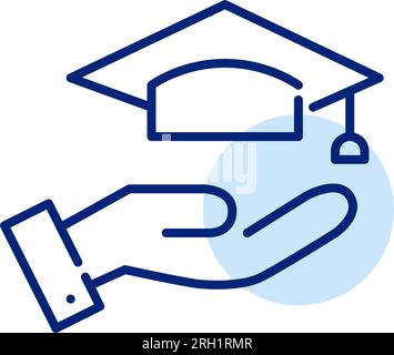 Eine Hand, die einen Mörtel-Bretthut hält. Teil eines traditionellen akademischen Kostüms, das einen Hochschulabschluss symbolisiert. Pixelgenau Stock Vektor