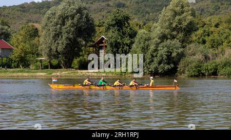 Serbien, 04. August 2023: Die Teilnehmer der TOUR INTERNATIONAL DANUBIEN (TID) Regatta (Quelle der Donau-Schwarzes Meer) passieren eine Etappe Veliko Selo Stockfoto