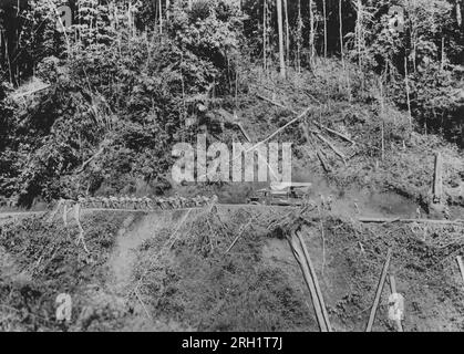 Malaya Campaign, Dezember 1941 – Februar 1942. Kaiserlich-japanische Armeetruppen des Nishimura Vehicle Corps schleppen einen ihrer LKWs manuell auf eine steile und unbefestigte Bergstraße, während sie etwa im Januar 1942 durch Malaya vorrücken. Stockfoto