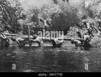 Malaya Campaign, Dezember 1941 – Februar 1942. Während ihres fünfundfünfzigsten Vormarsches, der sich über fast eintausend Kilometer von Songkhla bis Johor Bahru erstreckt, hissen die Ingenieure der kaiserlichen Japanischen Armee eine provisorische Brücke über einen der vielen Dschungelbäche, die ihre Infanterie um den Januar 1942 durchziehen sollte. Stockfoto