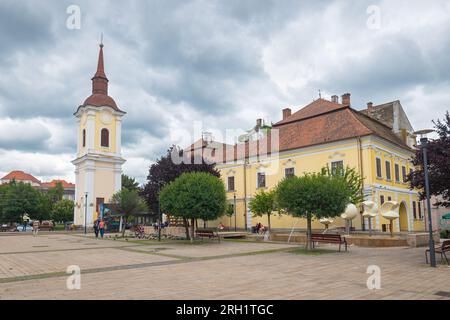 Scenic view of the former Franciscan Monastery Tower on a town square in the historic centre of Târgu Mureș, Romania. Stock Photo