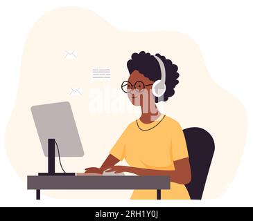 Eine Frau, die effizient in ihrem Büro arbeitet, an ihrem Arbeitsplatz sitzt und aktiv mit Kollegen über ihren Computerbildschirm kommuniziert. Den Remote-Lifestyle zu akzeptieren. Vektor. Stock Vektor