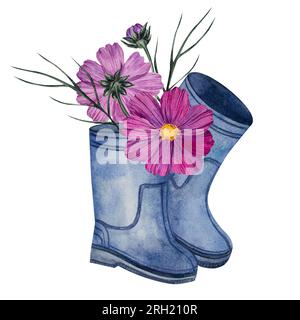 Blumenzusammensetzung mit Kosmosblütenstrauß in blauen Gummistiefeln. Aquarelldarstellung. Botanisches Muster für Stoffe, Textilien, Tapeten Stockfoto