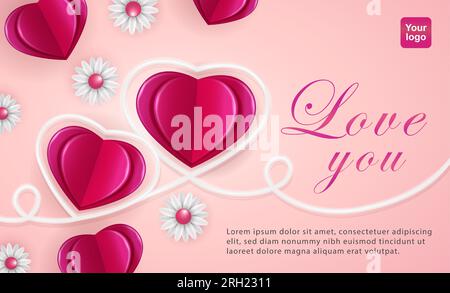 Ich liebe dich. Herzfaltenelemente, leuchtende Herzlinien und 3D Vektorblumen. Geeignet für Valentinstag, Liebesgrüße, Jubiläum und Werbung Stock Vektor