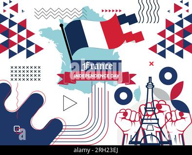 Bannerdesign für den Nationaltag in Frankreich. Französische Flagge und Kartenthema mit rotem und blauem Hintergrund des Eiffelturms. Präsidentschaftswahlen In La France. Stock Vektor