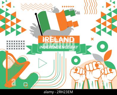 Irisches Bannerdesign für den Nationaltag. Irische Flagge und Kartenthema mit Hintergrund. Vorlage Vector Ireland Flaggen modernes Design. Abstraktes geometrisches Retro Stock Vektor