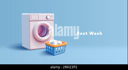 Waschmaschine realistisch mit Wäschekorb, Haushalts- oder Wäscheservice, 3D realistische Illustration Stock Vektor