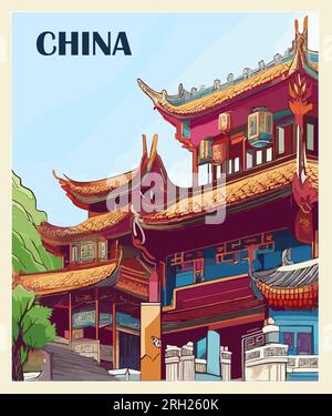 China Travel Destination Poster im Retro-Stil. Stock Vektor