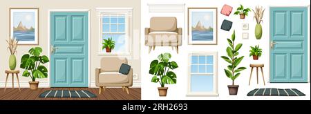 Gemütliches Innendesign der Eingangshalle mit einer blauen Tür, einem Fenster, einem Sessel und einer Monstera-Pflanze. Möbelset. Innenausbau. Zeichentrickvektor Stock Vektor